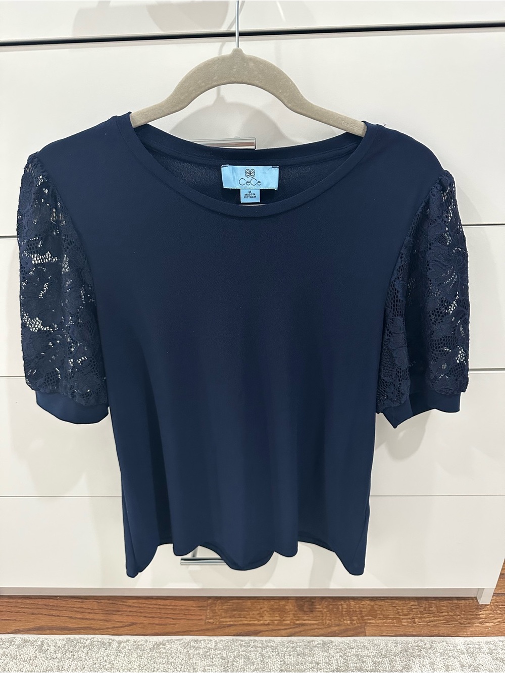 CeCe Navy Short Sleeve Top with Lace Sleeves Size M